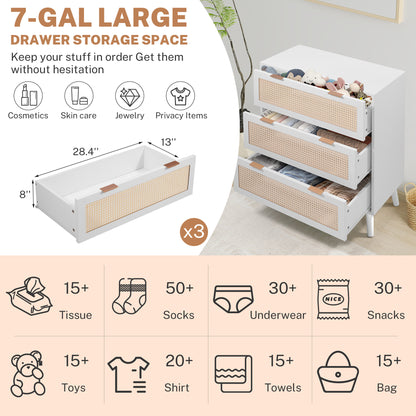 Segmart 3 Drawers Dresser for Bedroom, Modern Rattan Storage Chest of Drawers with Drawers and Metal Handles, Farmhouse Wood White Dresser Storage Cabinet with Solid Wood Leg, White