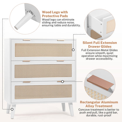 Segmart 3 Drawers Dresser for Bedroom, Modern Rattan Storage Chest of Drawers with Drawers and Metal Handles, Farmhouse Wood White Dresser Storage Cabinet with Solid Wood Leg, White