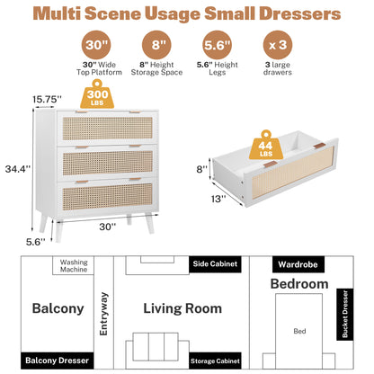 Segmart 3 Drawers Dresser for Bedroom, Modern Rattan Storage Chest of Drawers with Drawers and Metal Handles, Farmhouse Wood White Dresser Storage Cabinet with Solid Wood Leg, White