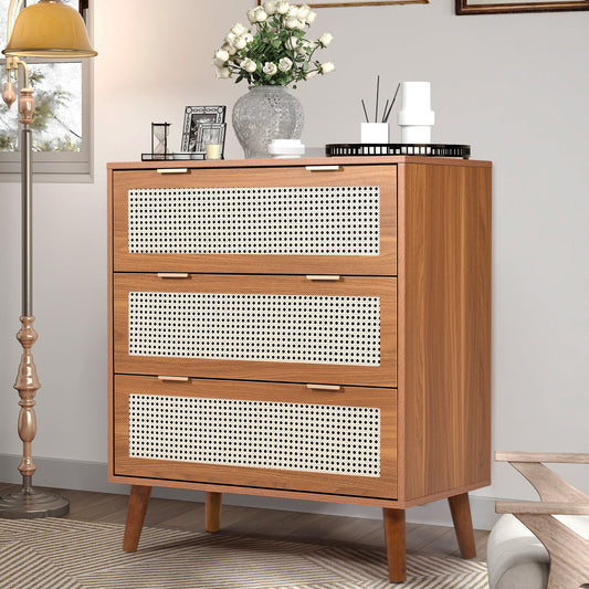 Segmart 3 Drawers Dresser for Bedroom, Modern Rattan Storage Chest of Drawers with Drawers and Metal Handles, Farmhouse Wood Walnut Dresser Storage Cabinet with Solid Wood Leg, Walnut