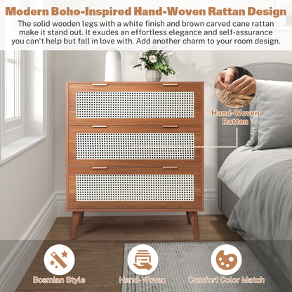 Segmart 3 Drawers Dresser for Bedroom, Modern Rattan Storage Chest of Drawers with Drawers and Metal Handles, Farmhouse Wood Walnut Dresser Storage Cabinet with Solid Wood Leg, Walnut