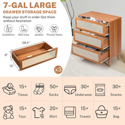 Segmart 3 Drawers Dresser for Bedroom, Modern Rattan Storage Chest of Drawers with Drawers and Metal Handles, Farmhouse Wood Walnut Dresser Storage Cabinet with Solid Wood Leg, Walnut