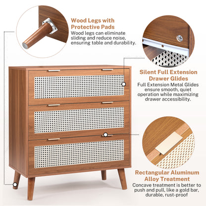 Segmart 3 Drawers Dresser for Bedroom, Modern Rattan Storage Chest of Drawers with Drawers and Metal Handles, Farmhouse Wood Walnut Dresser Storage Cabinet with Solid Wood Leg, Walnut