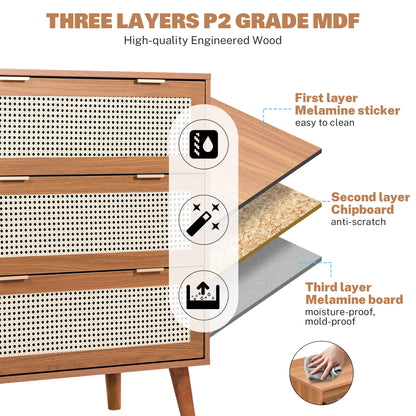 Segmart 3 Drawers Dresser for Bedroom, Modern Rattan Storage Chest of Drawers with Drawers and Metal Handles, Farmhouse Wood Walnut Dresser Storage Cabinet with Solid Wood Leg, Walnut