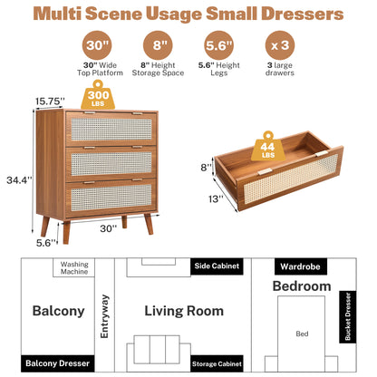 Segmart 3 Drawers Dresser for Bedroom, Modern Rattan Storage Chest of Drawers with Drawers and Metal Handles, Farmhouse Wood Walnut Dresser Storage Cabinet with Solid Wood Leg, Walnut