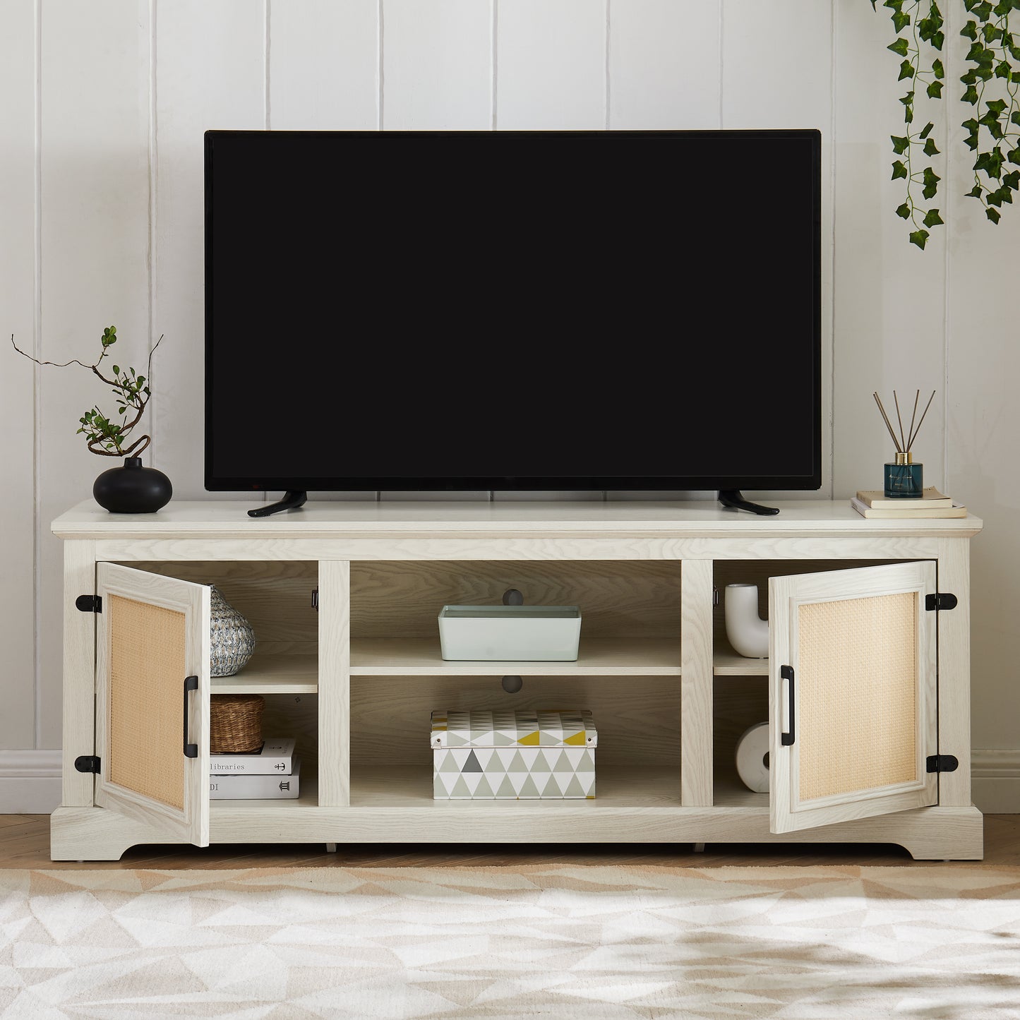 Segamrt TV Stand for 70-Inch TV, Rustic Media Console Storage Cabinet with 2 Rattan Door Cabinet, Farmhouse Entertainment Center with 2 Storage Shelves for Living Room Bedroom, Antique White