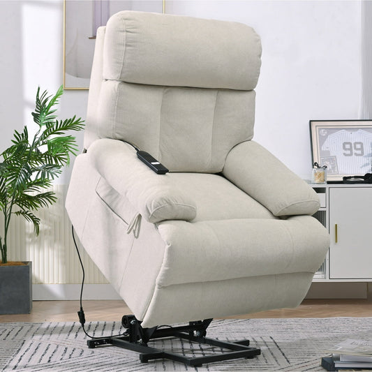 Recliner Chair for Elderly, Heavy Duty 350lbs Classic Plush Velvet Sofa Chair, Ergonomic Lounge Single Sofa with 3 Positions Lift, Plush Arms and Remote Control, Storage Pockets, Beige