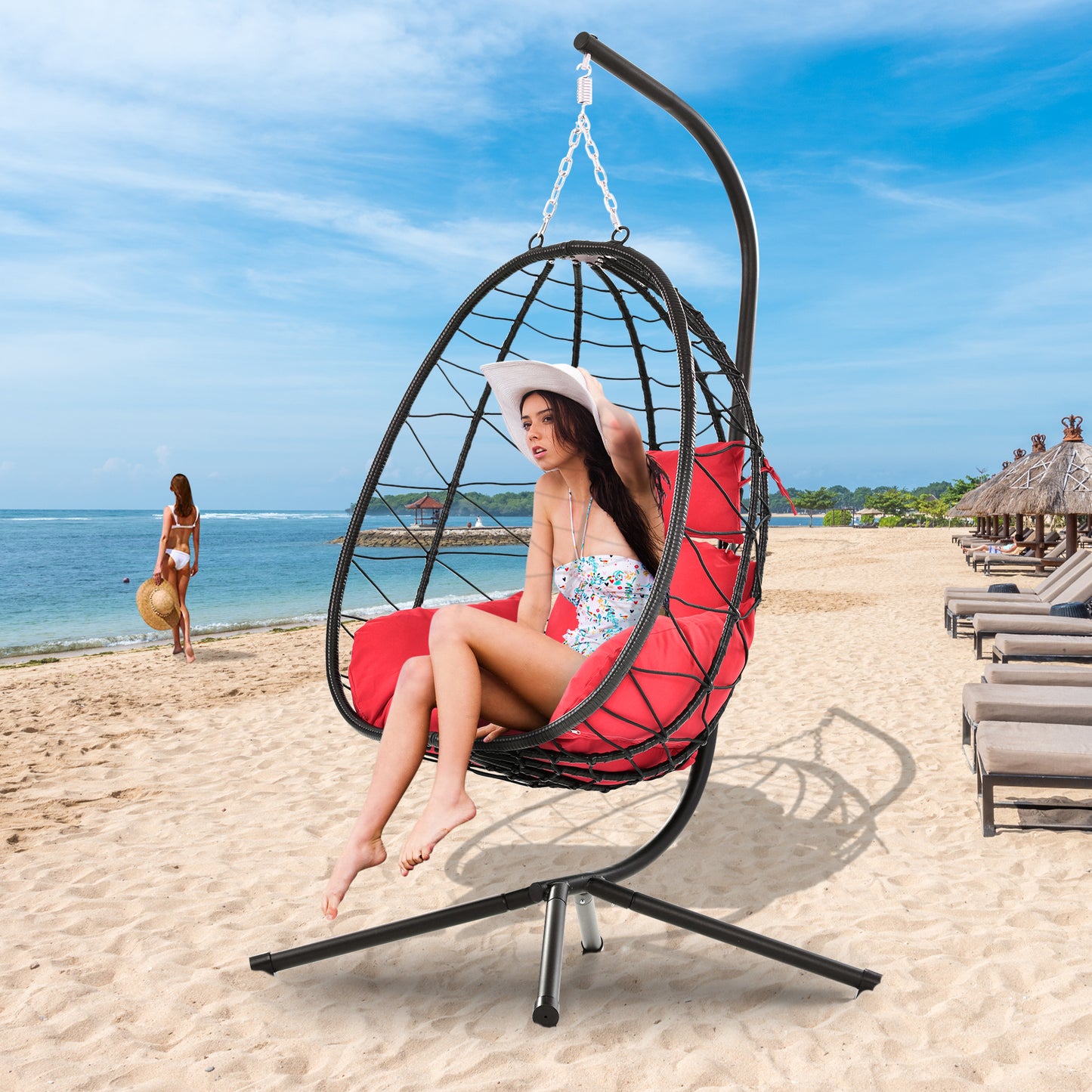 Patio Lounger Egg Chair, Outdoor Hanging Chaise Swing Egg-Shaped Chair w/Hanging Kits, Durable All-Weather UV Wicker Patio Rattan Lounge Chair for Bedroom, Patio, Deck, Yard, Garden, 350lbs, SS1963