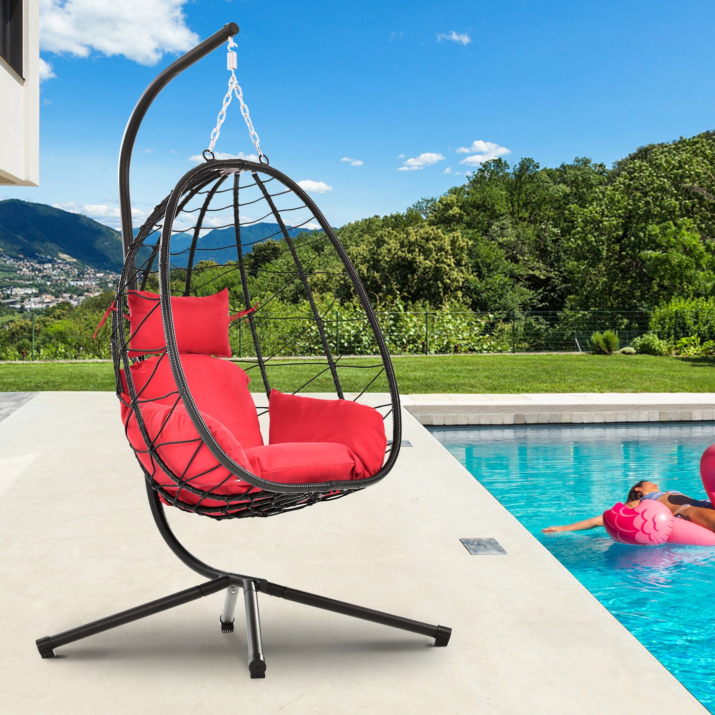 Patio Lounger Egg Chair, Outdoor Hanging Chaise Swing Egg-Shaped Chair w/Hanging Kits, Durable All-Weather UV Wicker Patio Rattan Lounge Chair for Bedroom, Patio, Deck, Yard, Garden, 350lbs, SS1963