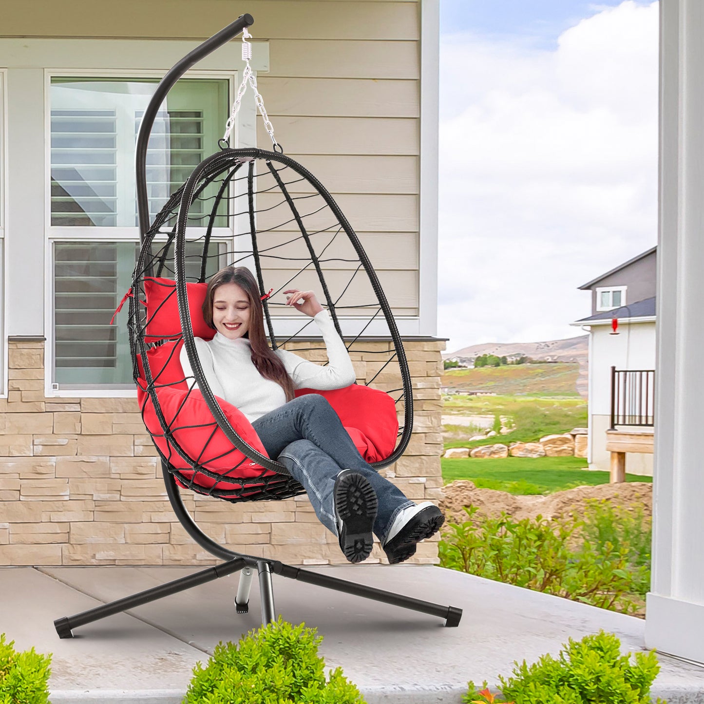 Patio Lounger Egg Chair, Outdoor Hanging Chaise Swing Egg-Shaped Chair w/Hanging Kits, Durable All-Weather UV Wicker Patio Rattan Lounge Chair for Bedroom, Patio, Deck, Yard, Garden, 350lbs, SS1963