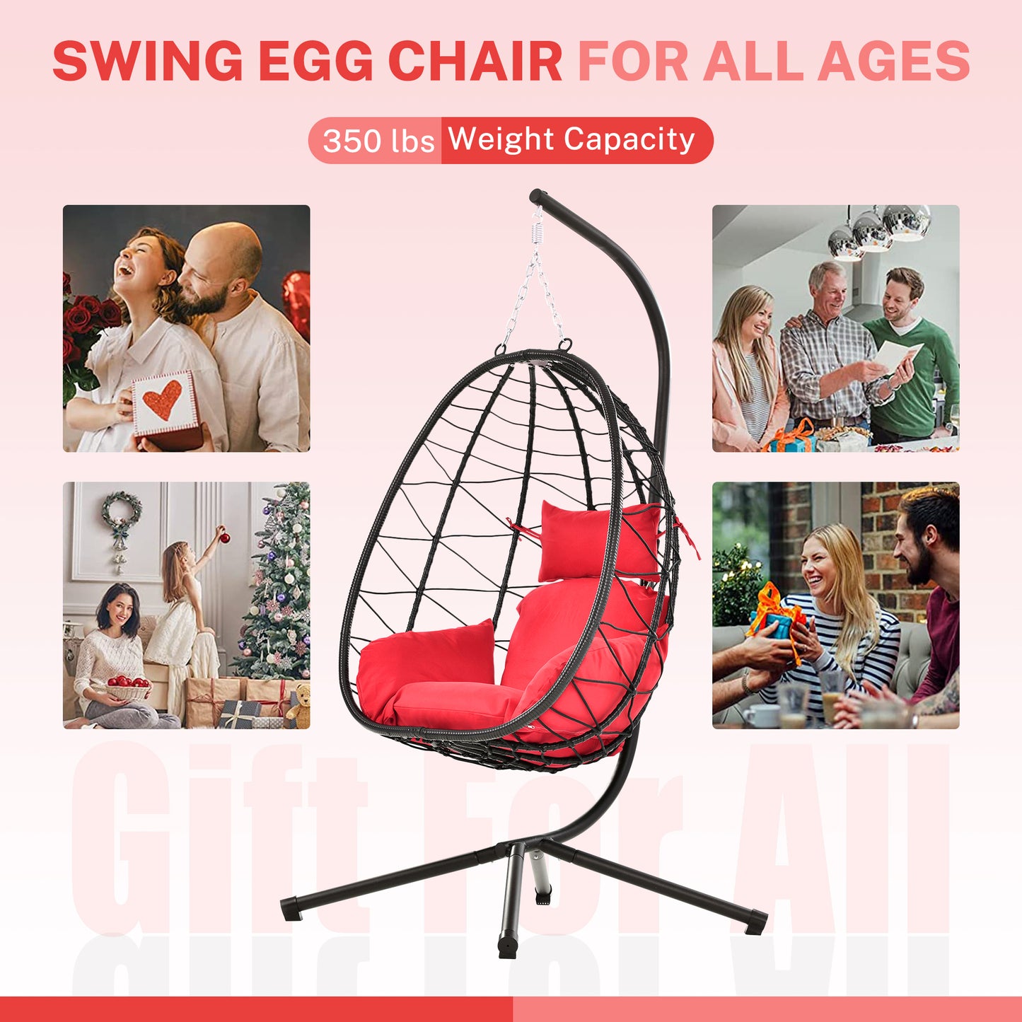 Patio Lounger Egg Chair, Outdoor Hanging Chaise Swing Egg-Shaped Chair w/Hanging Kits, Durable All-Weather UV Wicker Patio Rattan Lounge Chair for Bedroom, Patio, Deck, Yard, Garden, 350lbs, SS1963