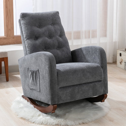 Rocking Chair Nursery Upholstered Mid Century Modern Rocker Oversized Wingback Armchair for Living Room, Grey