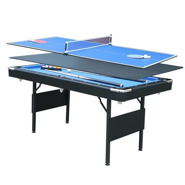 SEGMART 3 in 1 Folding Pool Table Dining Table Combo, Portable Billiards Table, Multifunctional Snooker Table, Table Games, and All Accessories Included, Black with Blue Felt