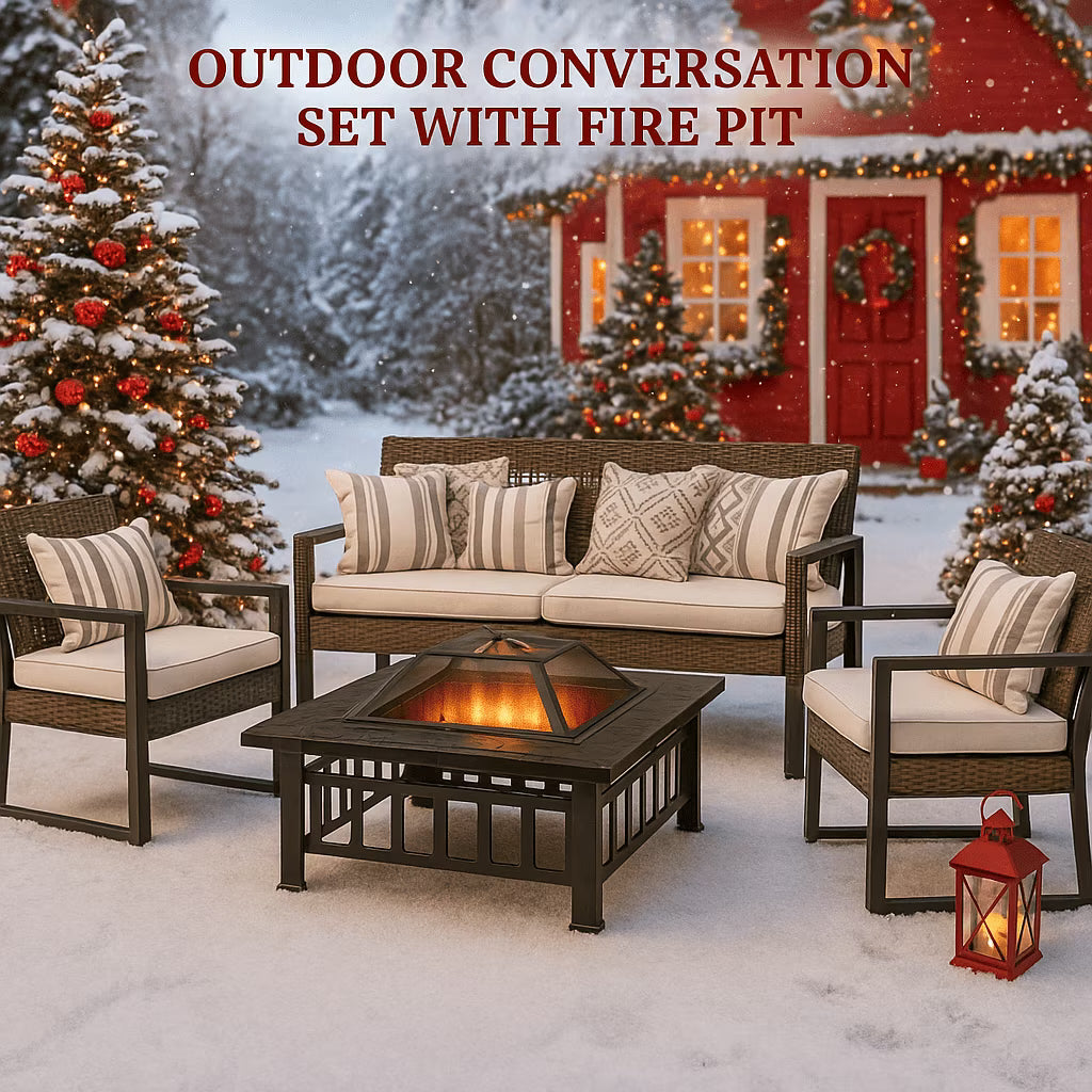 SEGMART 4-Piece Patio Furniture Set, Patio Dining Table and Chair Set With 32-inch Fire Pit, Outdoor Sofa Set With Cushions, For Porch, Patio, Garden, Poolside, Gray.