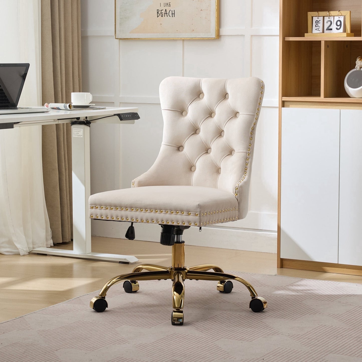 Furniture Modern Velvet Office Chair with Golden Metal Base,Tufted Button Back, Adjustable Swivel Desk Chair for Home Office, Study