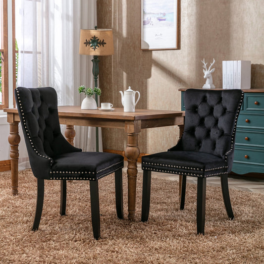Modern Velvet Upholstered Dining Chairs, High-Back Tufted Design with Solid Wood Legs and Nailhead Trim, Light Blue - 2-Piece Set