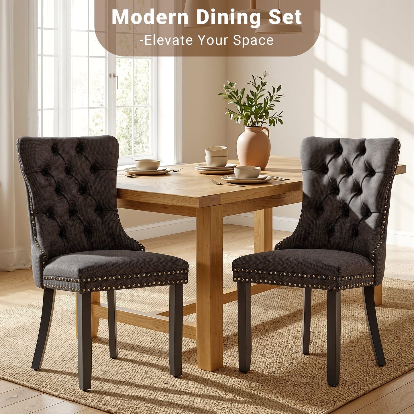 Upholstered Dining Chairs Set of 2, Segmart Modern Fabric Dining Room Chair with Nailhead Trim and Wood Legs, Mid-Century Accent for Living Room, Kitchen, Gray