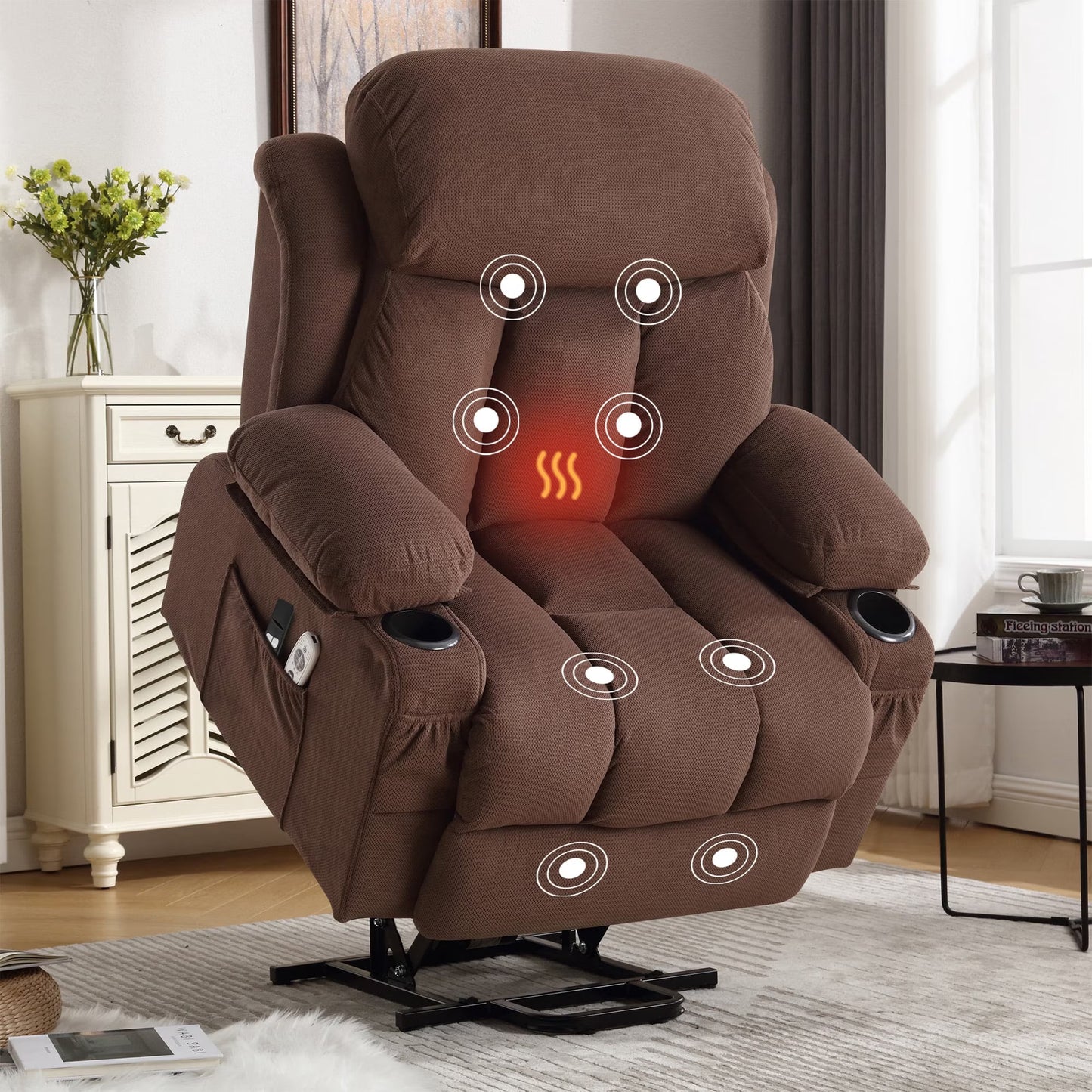 SEGMART Electric Power Lift Recliner Chair, Heavy Duty Classic Fabric Sofa Chair for Elderly, Ergonomic Lounge Single Sofa with Plush Extended Arms and Remote Control, 4 Positions,Brown