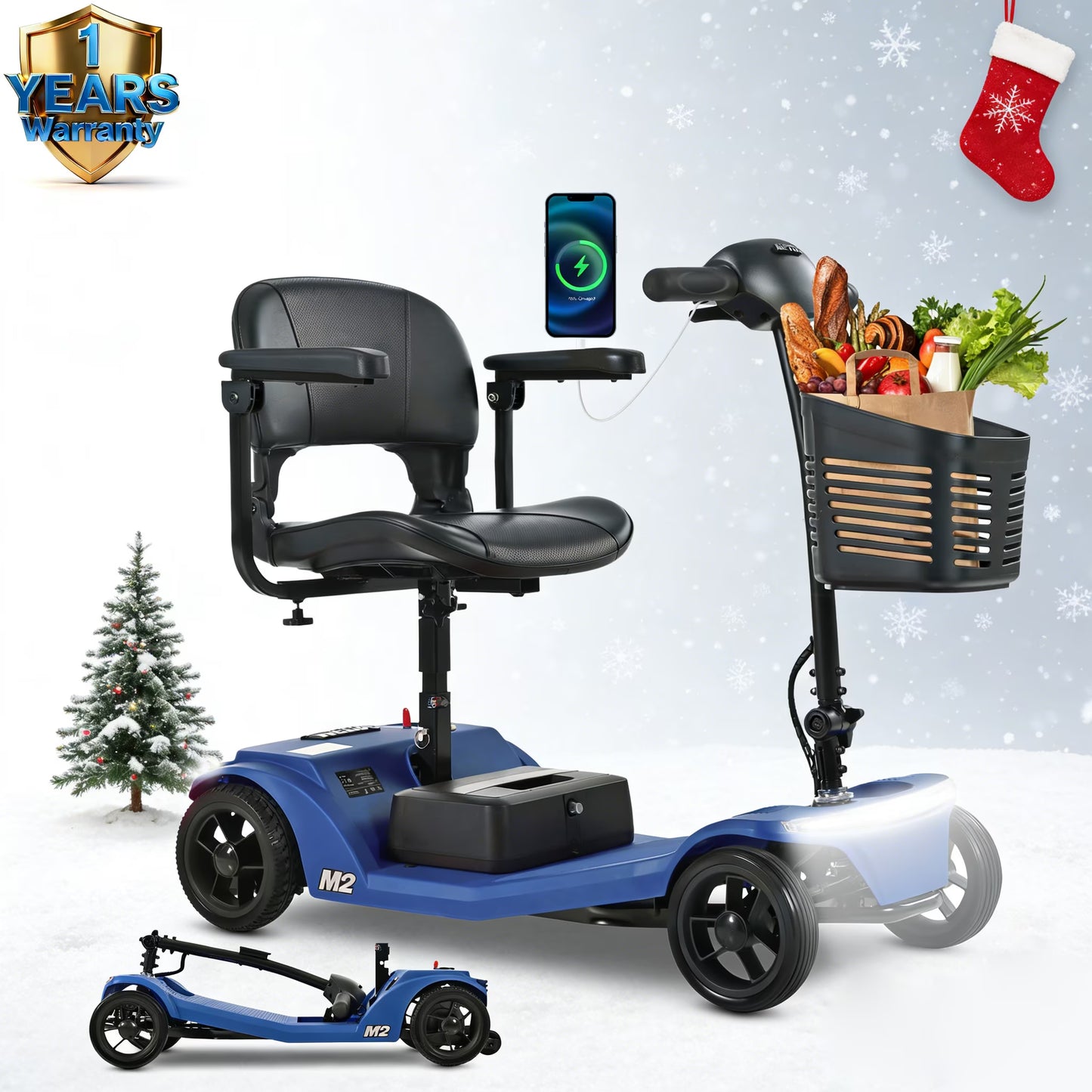 4 Wheel Mobility Scooter for seniors, Heavy Foldable Mobility Scooter with Front and Rear Lights and Basket, Suitable for seniors and adults,24V x 300W Motor, 300 lbs,Blue