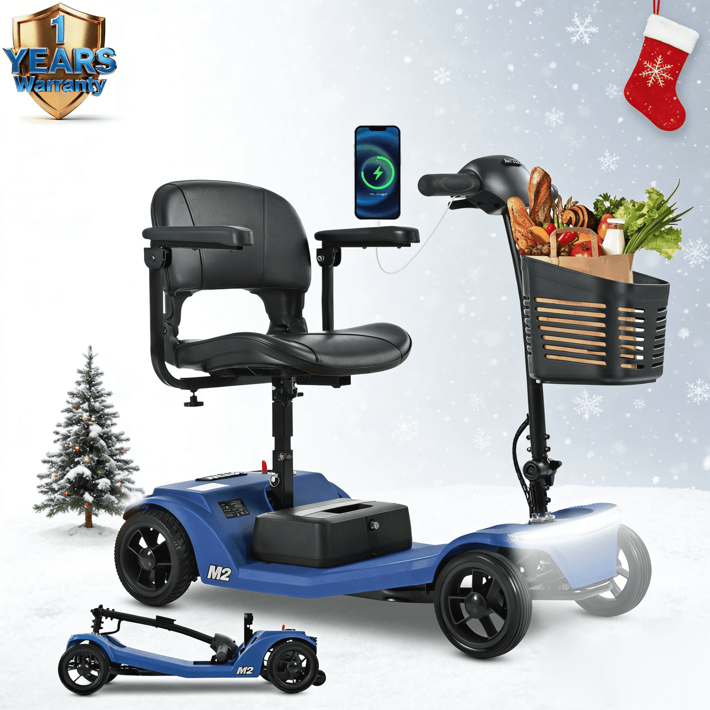 SEGMART 4 Wheel Mobility Scooter for seniors, Heavy Foldable Mobility Scooter with Front and Rear Lights and Basket, Suitable for seniors and adults,24V x 300W Motor, 300 lbs,Blue