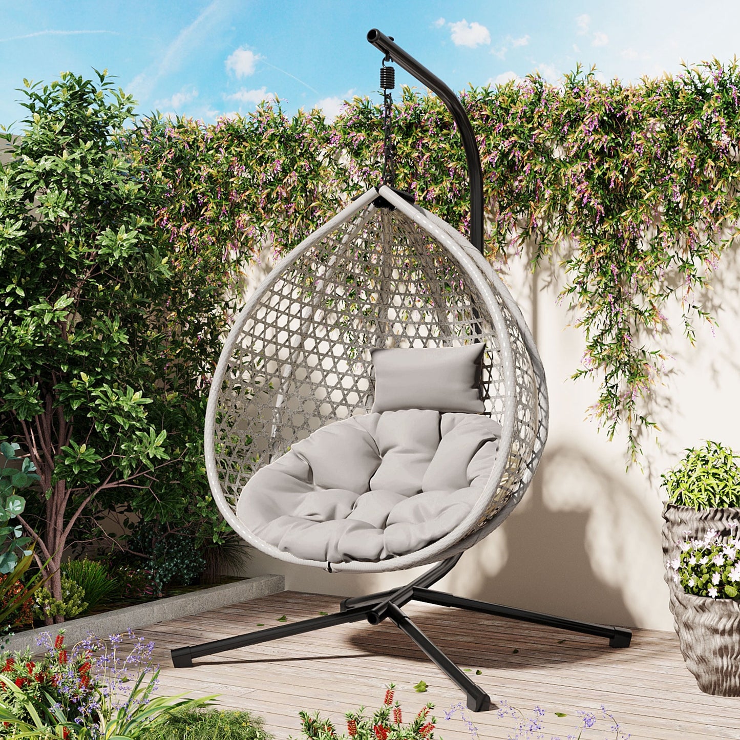 Foldable Hammock Chair with Stand, Hanging Egg Chair for Indoor & Outdoor - PE Rattan Weaving, Removable Cushion, 330 lbs Capacity, for Balcony, Garden, Bedroom, Patio
