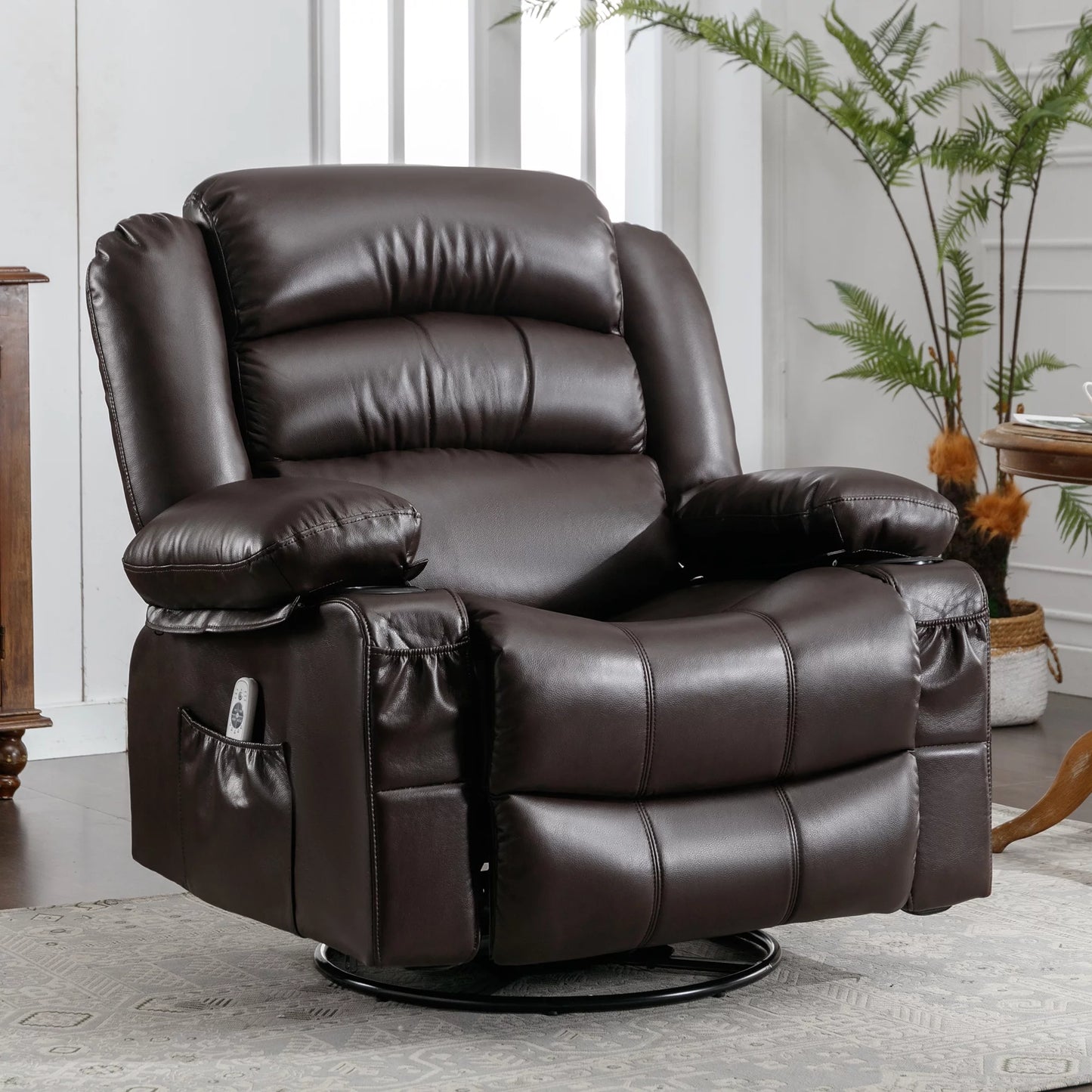 PU Leather Electric Recliner Chair, Large Single Recliner Chair for adult with Heat and Massage For Living Room, Heavy Duty Electric Massage Recliner Chair with Cup Holders & Remote Control, Brown