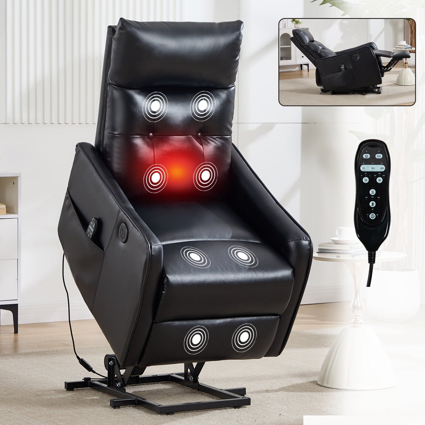 Power Lift Recliner Chair with Massage & Heat for Seniors, Heavy Duty Faux Leather, USB Charging Port, 155° Max Recline, Easy Assembly, Perfect for Living Room Comfort