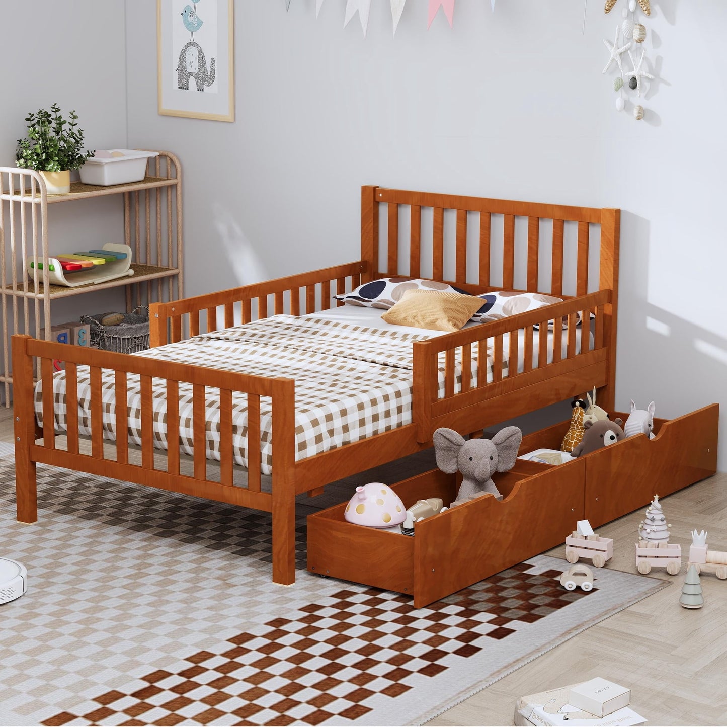 Twin Size Wood Platform Bed with Guardrails & 2 Storage Drawers, Space-Saving Kids/Teens Bed, Sturdy Pinewood Frame