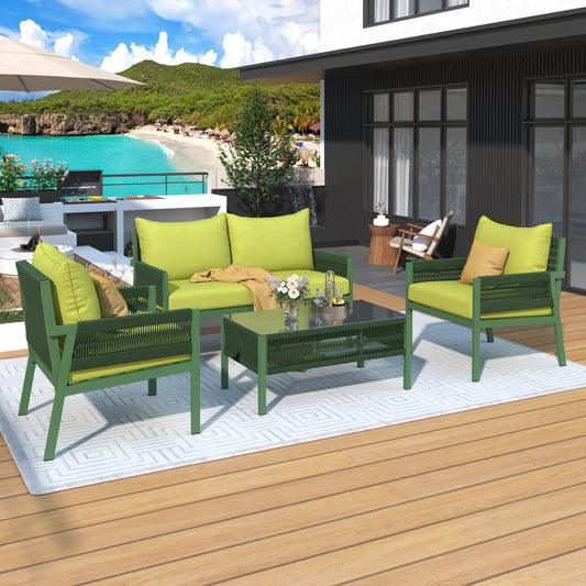 Segmart Wicker Patio Furniture Sets, 4PCS Outdoor Wicker Patio Sectional Sofa w/4 Padded Cushions, Tempered Glass Coffee Table, Armchair, Conversation Sets for Porch Backyard Garden, Gray