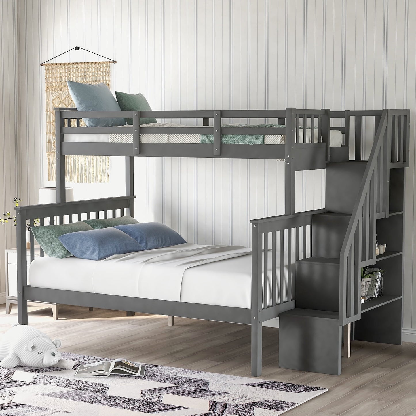 SEGMART Wood Bunk Beds , 76.97'' x 51.57'' Solid Wood Twin-Over-Full Bed, Sturdy Wood Twin-Over-Full Bunk Beds w/ 4 Storage Shelves, 4-Step Ladder, Full-Length Guardrails, 250lbs, SS665