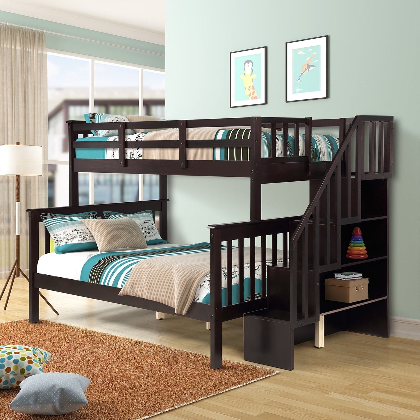 SEGMART Wood Bunk Beds , 76.97'' x 51.57'' Solid Wood Twin-Over-Full Bed, Sturdy Wood Twin-Over-Full Bunk Beds w/ 4 Storage Shelves, 4-Step Ladder, Full-Length Guardrails, 250lbs, SS665
