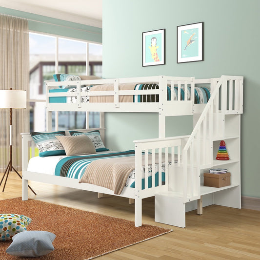SEGMART Wood Bunk Beds , 76.97'' x 51.57'' Solid Wood Twin-Over-Full Bed, Sturdy Wood Twin-Over-Full Bunk Beds w/ 4 Storage Shelves, 4-Step Ladder, Full-Length Guardrails, 250lbs, S1914