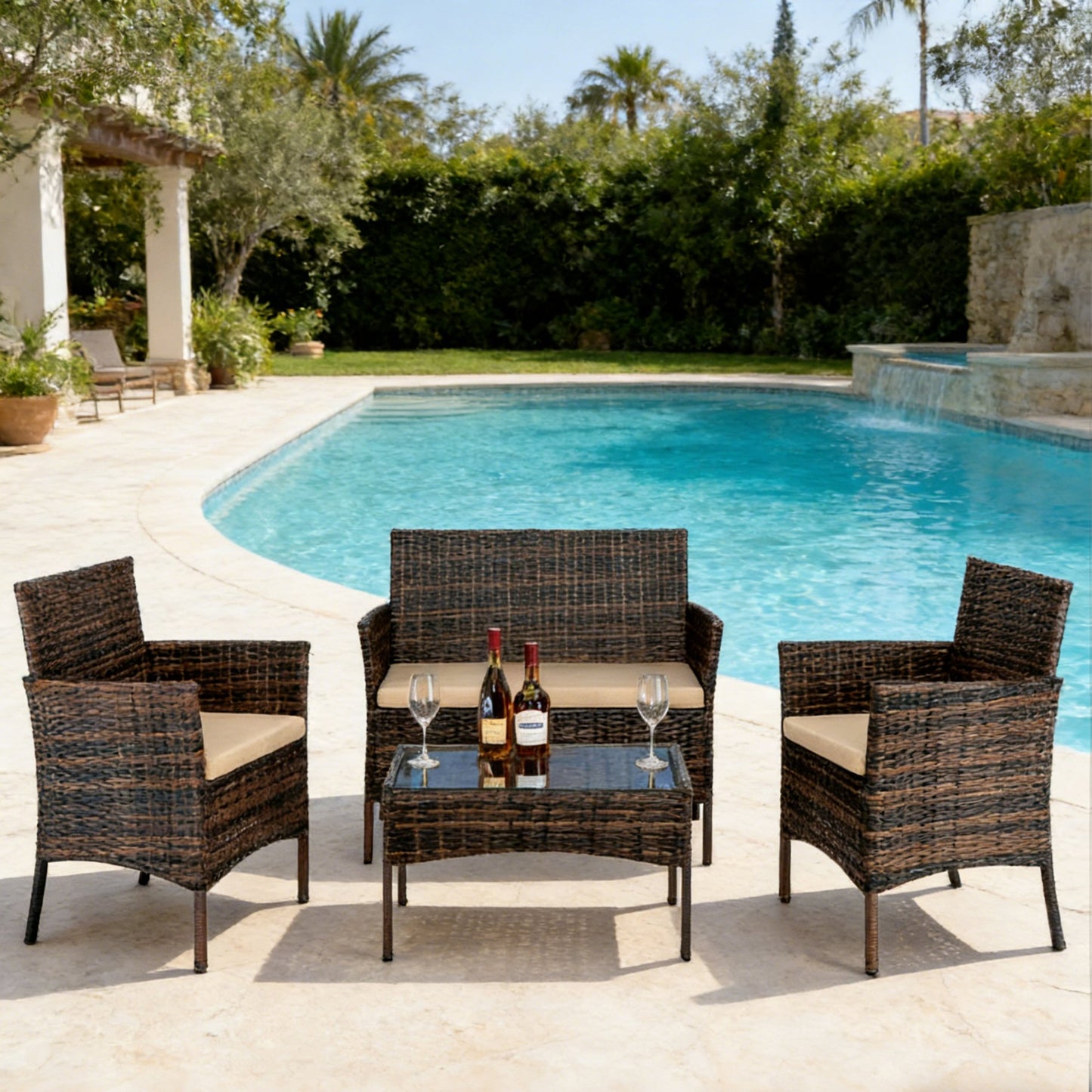 SYNGAR 4 Piece Outdoor Patio Sofa Set, Patio Rattan Furniture Set with Coffee Table & Cushioned,Outdoor All-Weather PE Wicker Sofa Set for Poolside, Backyard, Balcony, Brown