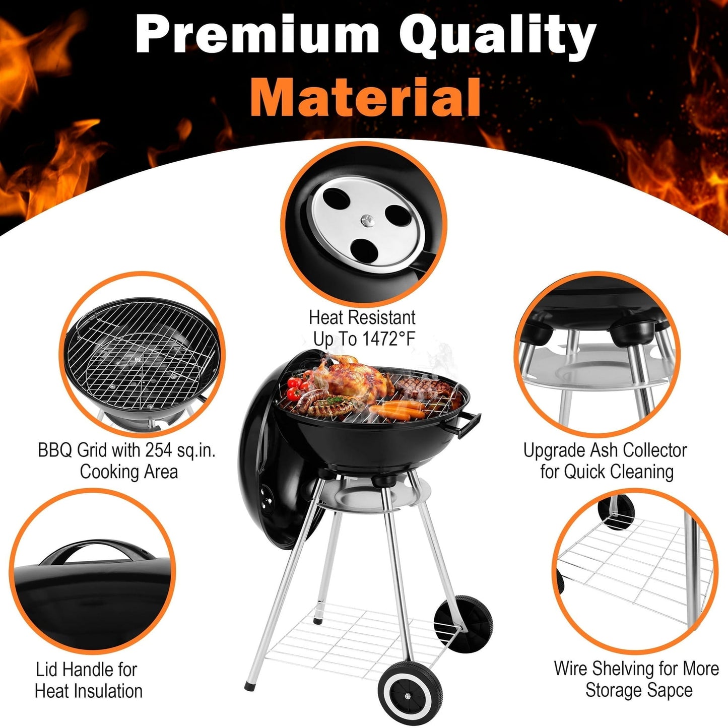 Segmart 18" Portable Charcoal Grill, Outdoor Barbecue Kettle Grills with 254 Sq. In. Cooking Area, Perfect for Camping & BBQ