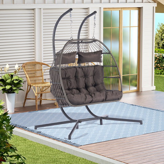 Segmart 2-Person Outdoor Egg Chair Wicker Basket Lounger Chairs with Stand Glider for Home Patio Xmas Gift,Steel Frame, Gray