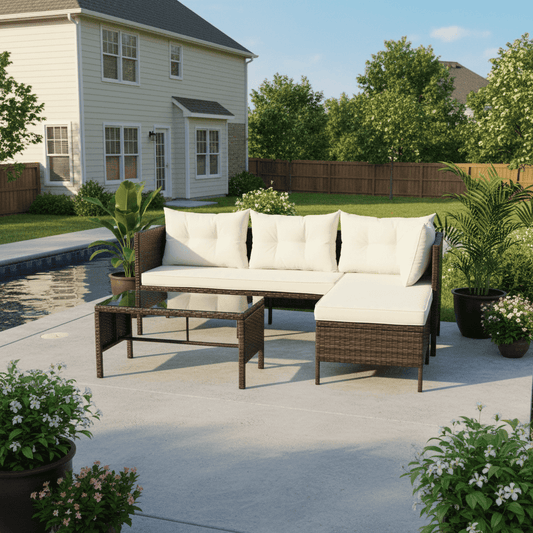 Segmart 3-Piece Outdoor Patio Furniture Set, Wicker PE Rattan Conversation Loveseat Sofa Set with Glass Coffee Table&Cushions, Sectional Couch for Porch Poolside Backyard, Beige