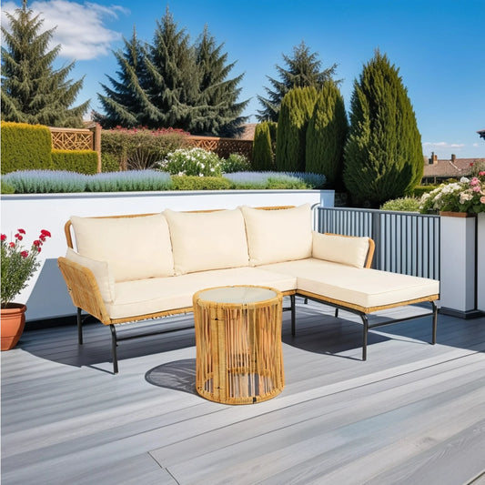 Segmart 3-Piece Patio Furniture Set, Wicker Outdoor Bistro Set, Woven Sectional L-Shaped Patio Sofa Set with 3.15-inches Thick Cushions and Side Coffee Table - Yellow Wicker