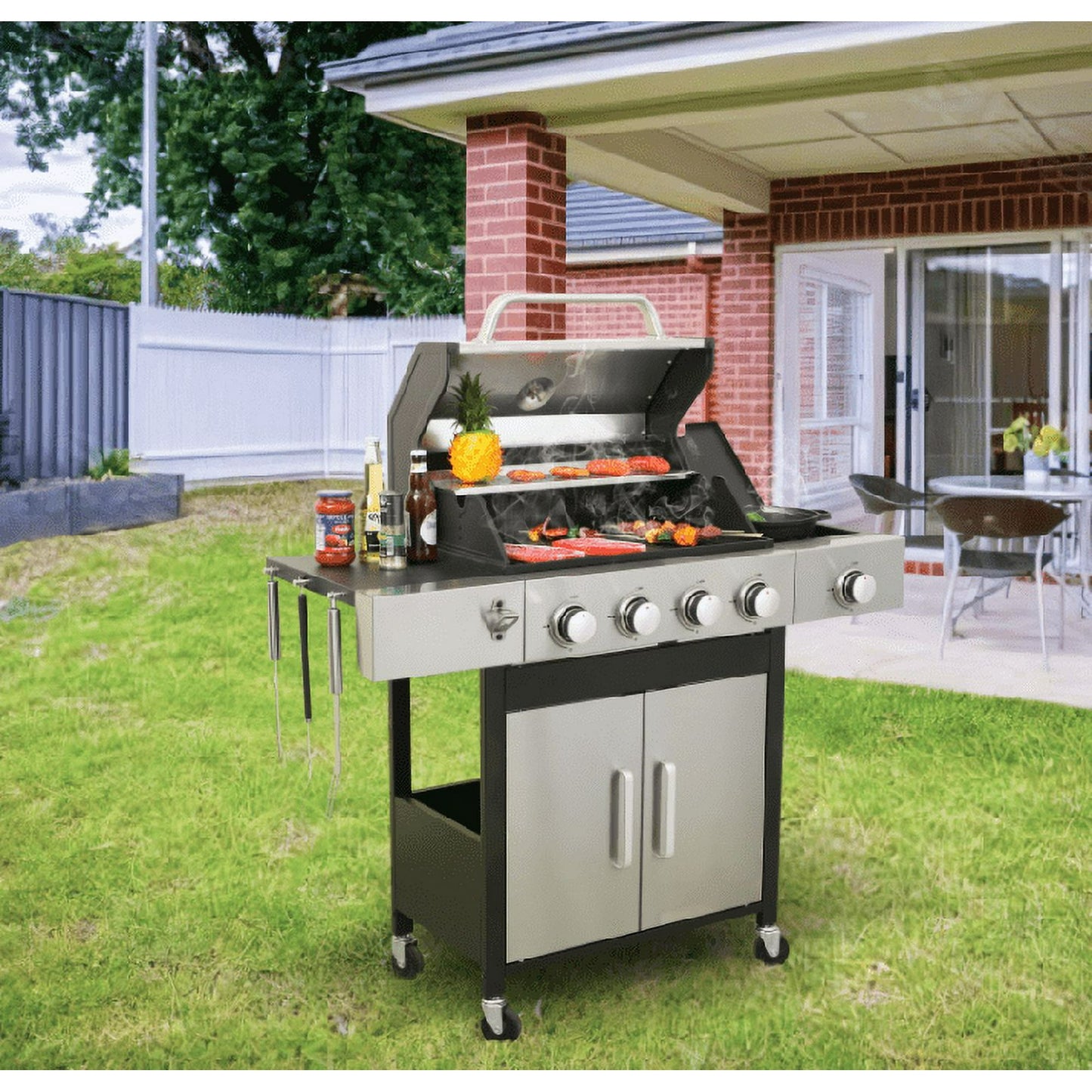 Segmart 4-Burner Gas Grill, 51,000 BTU Stainless Steel Propane Grill with Cast Iron Grates, Outdoor Barbecue with Large Cooking Space and Side Tables, Outdoor Kitchen Grill for Patio & Backyard