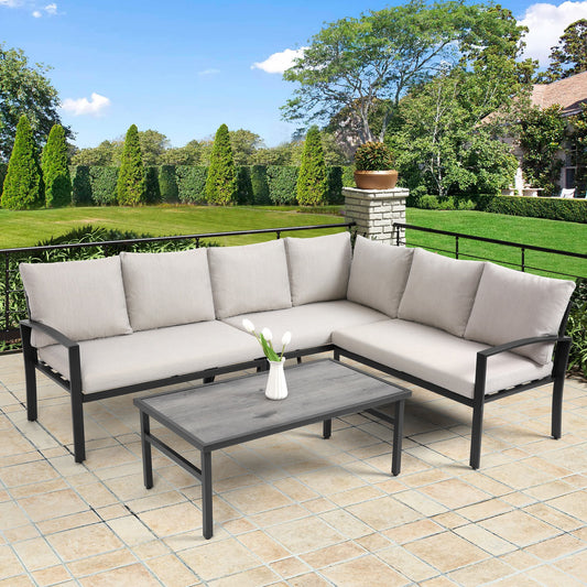 4 Piece Patio Conversation Sofa Sets, Metal Conversation Sofa Furniture Sets with Removable Cushions & Wood Table, for Backyard, Poolside, Porch, Beige, 260lbs, S6020