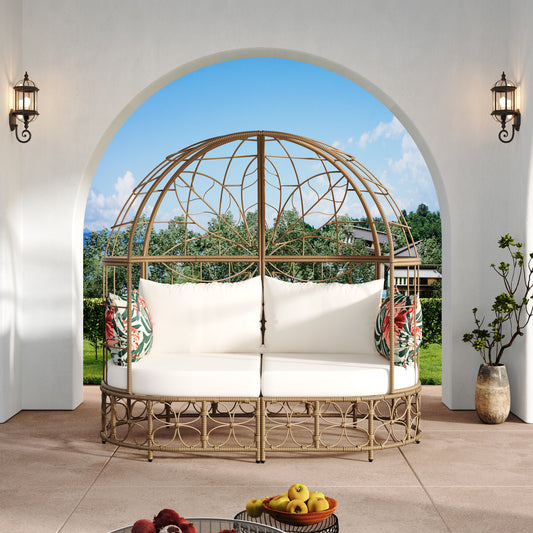 Segmart 59.8" Daybed Outdoor Sunbed With Colorful Pillows, Wicker Patio Daybed With Curtain, Floral Pattern, Natural Wicker, Beige Cushion