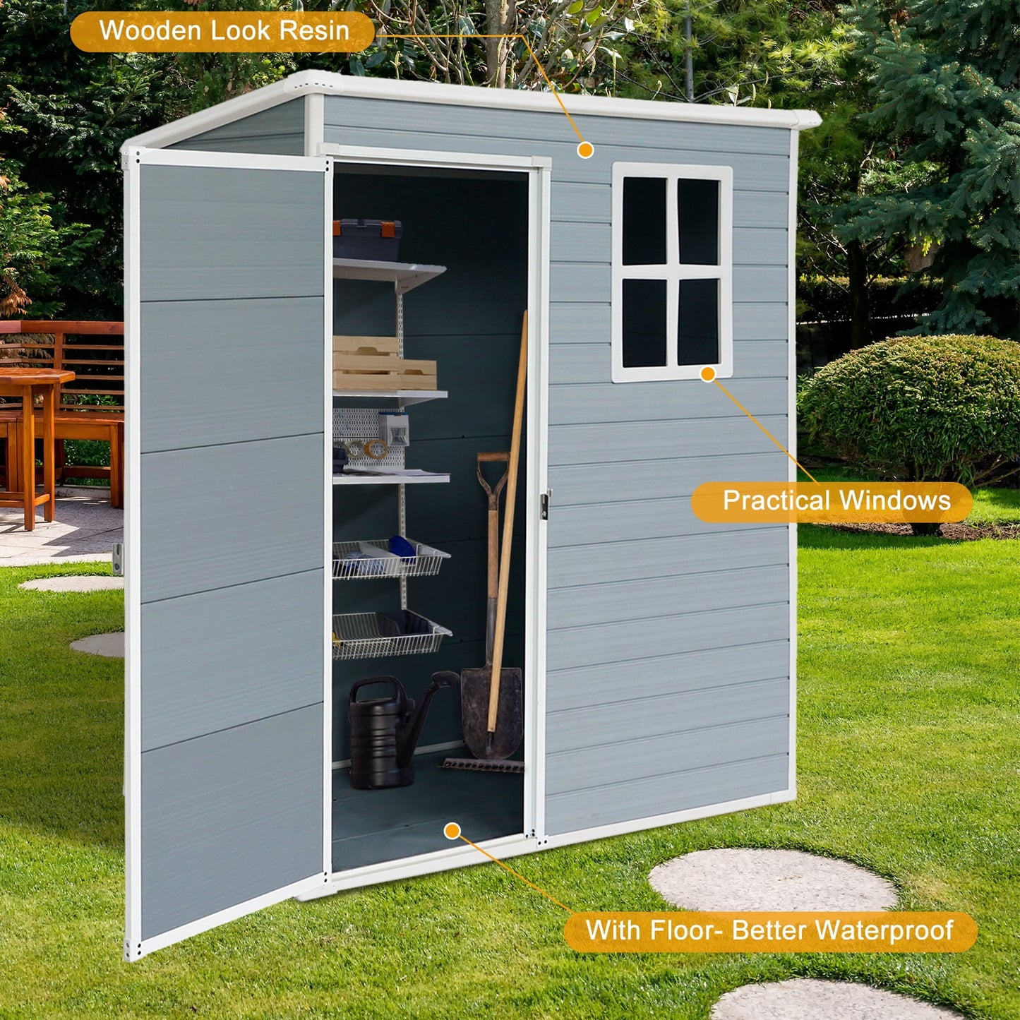 Segmart 5x3FT Outdoor Storage Resin Shed with Reinforced Floor, Outdoor Gray Plastic Storage Shed with Lockable Door, Utility Waterproof Tool Storage Shed for Garden, Backyard, Patio, Lawn, Grey