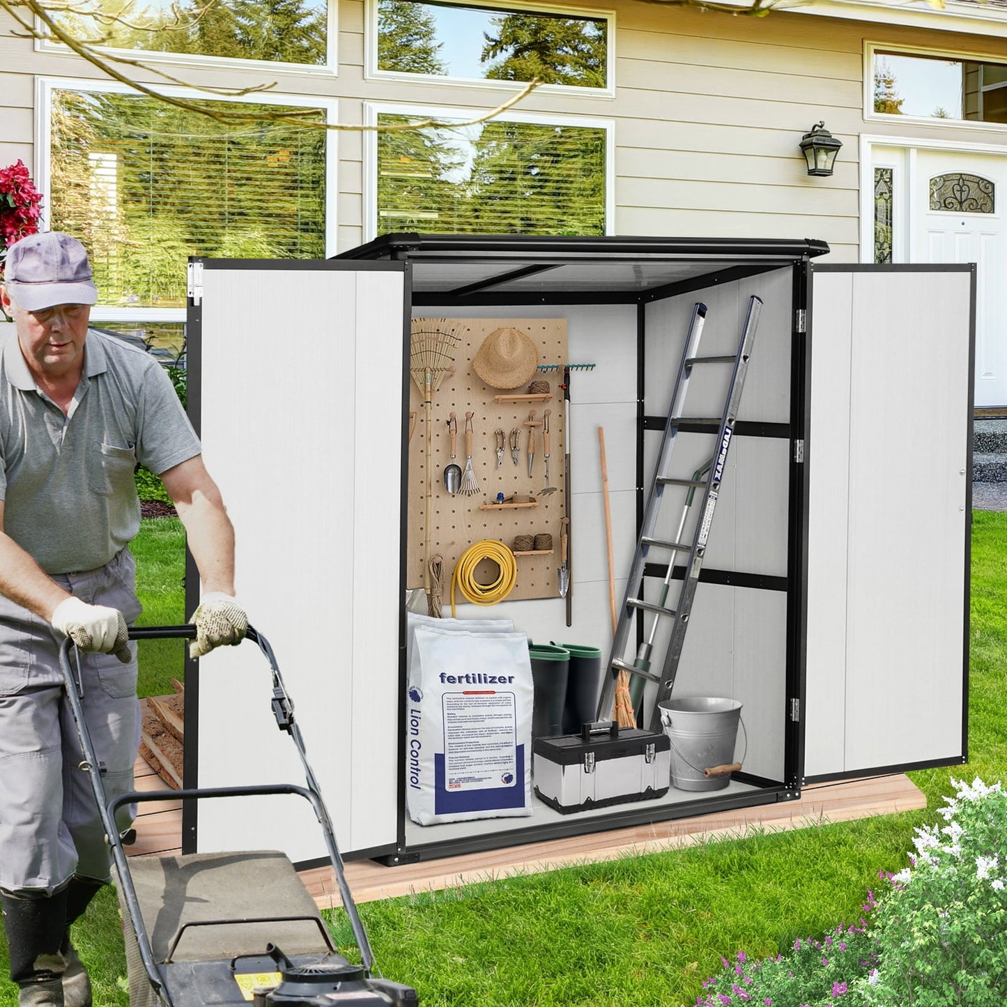 Segmart 5x3FT Outdoor Storage Resin Shed with Reinforced Floor, Outdoor Gray Plastic Storage Shed with Lockable Door, Utility Waterproof Tool Storage Shed for Garden, Backyard, Patio, Lawn, Grey