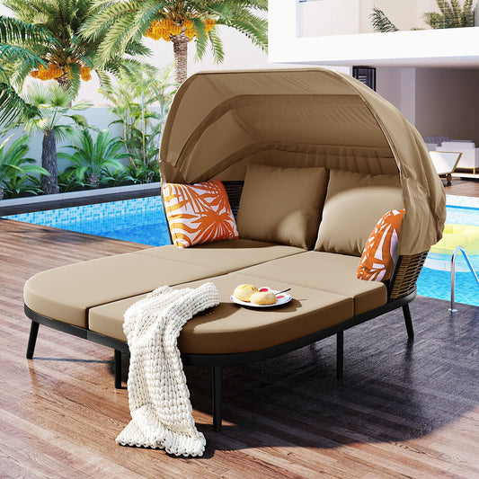 Segmart 74.8" L Patio Daybed with Retractable Canopy, Outdoor Rattan PE Wicker Back Loveseat Sofa Set with Throw Pillows and Cushions for Backyard, Poolside, Garden, Brown