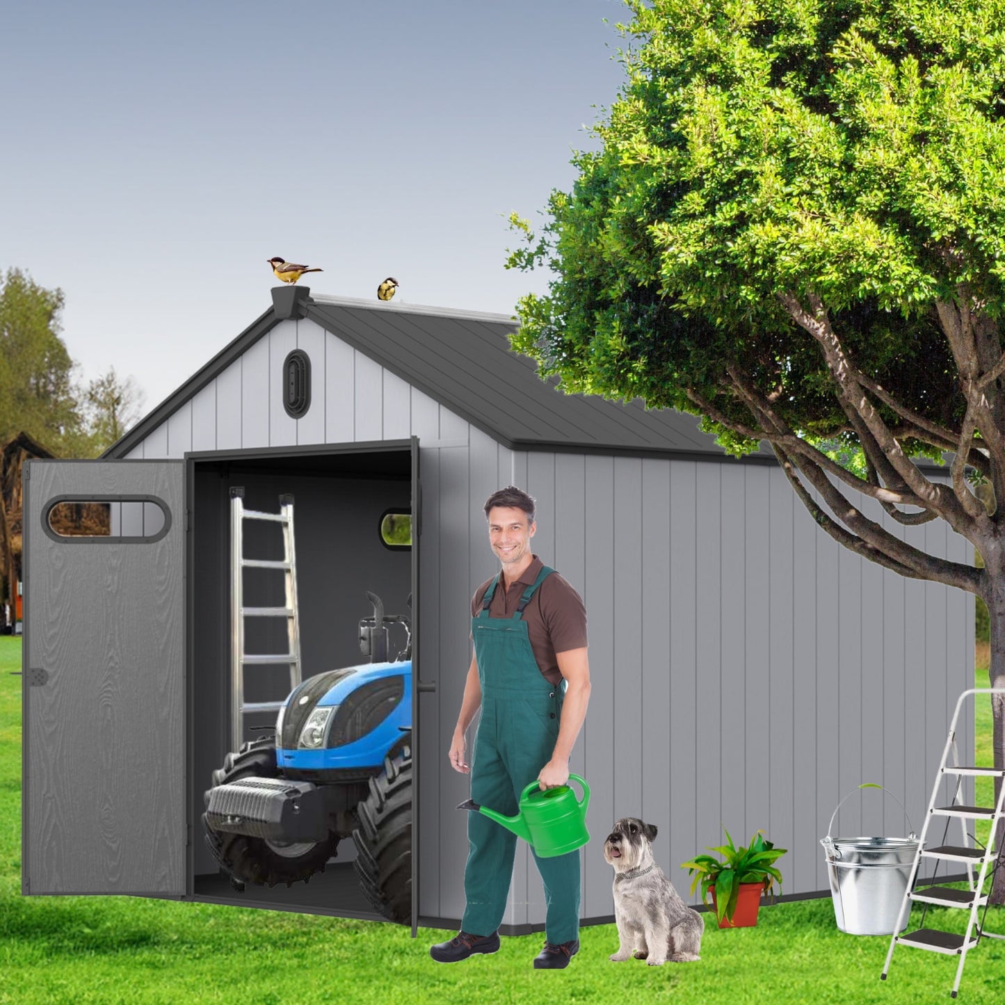 Segmart 8' x 10' Plastic Outdoor Storage Shed with Floor, All-Weather Plastic Shed with Lockable Doors & Window, Plastic Storage Tool Shed for Backyard, Patio, Poolside, Lawn, Gray + Black