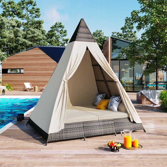 Segmart 90.5" Length Outdoor Sunbed With Colorful Pillows, Wicker Patio Daybed With Cushions, Tent Shape, Beige