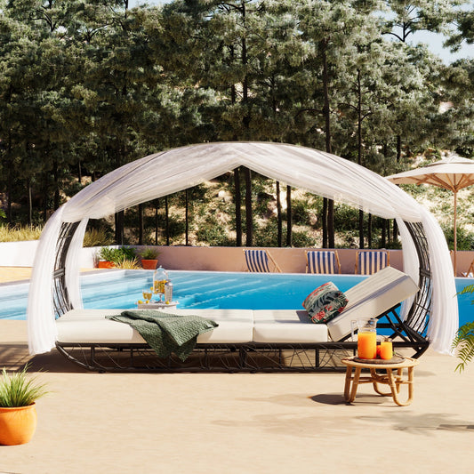 Segmart 90.55" Outdoor Patio Daybed with Curtain, Sunbed with Cushion and Colorful Pillow, Wicker Lounge Chairs Backrest Adjustable Recliners for Pool Garden Backyard, Beige Cushion, Black Wicker