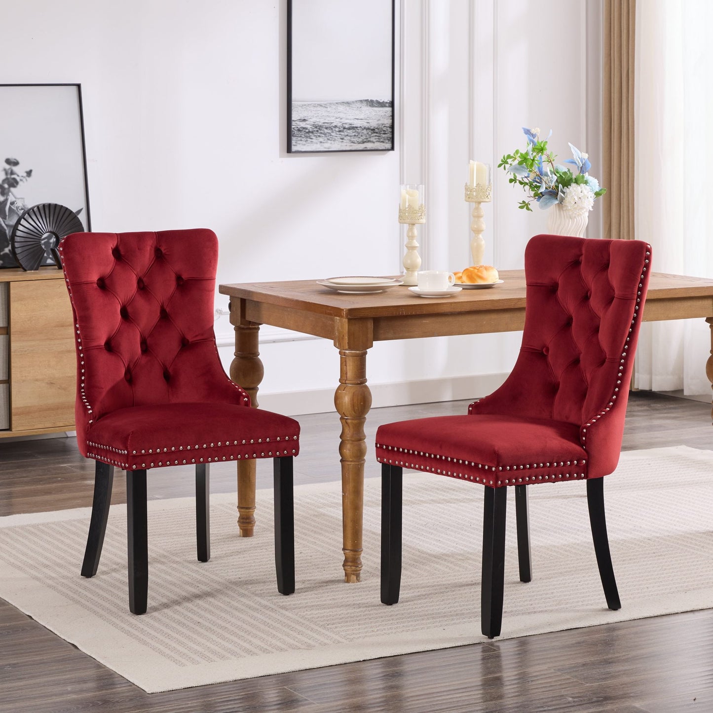 Modern Velvet Upholstered Dining Chairs, High-Back Tufted Design with Solid Wood Legs and Nailhead Trim, Light Blue - 2-Piece Set