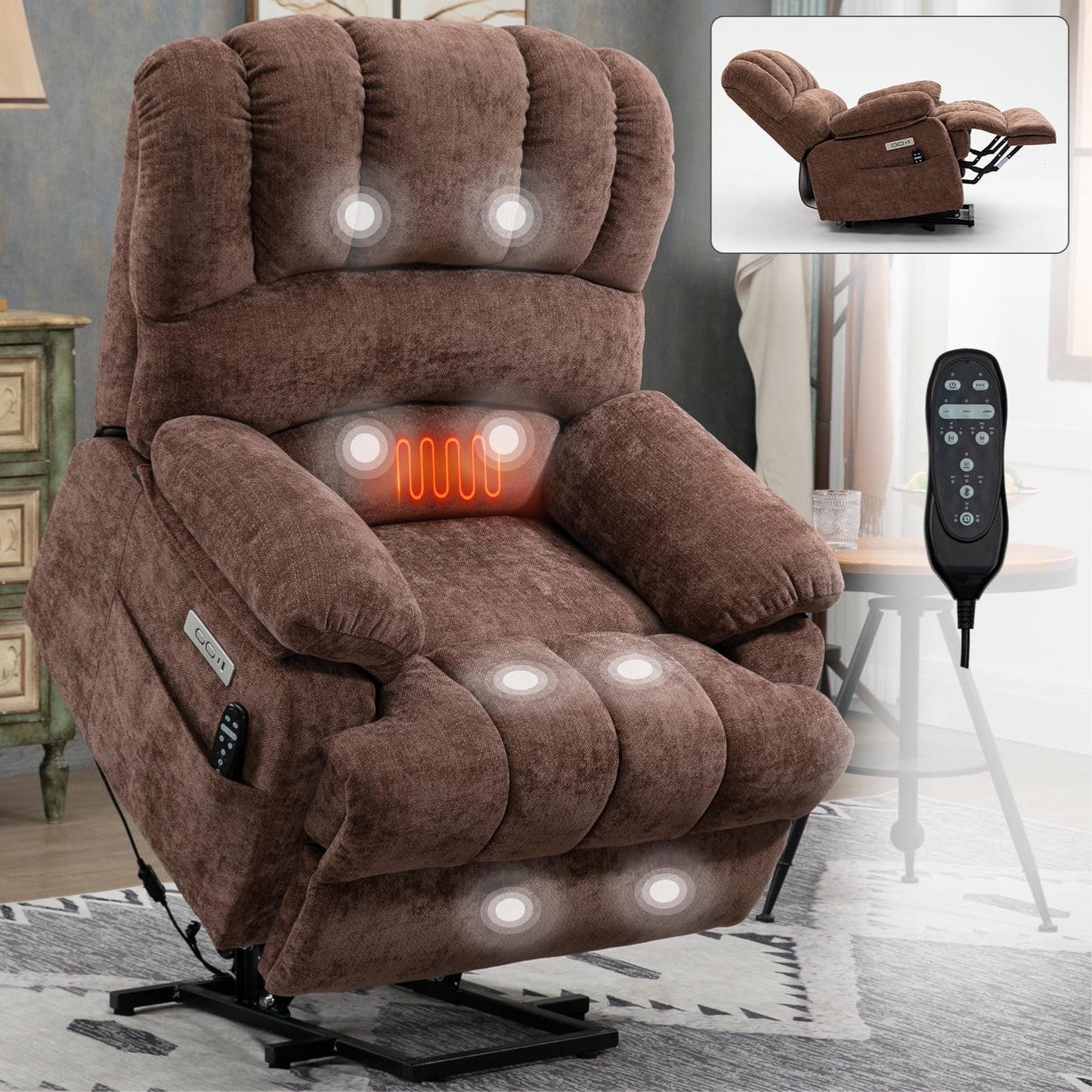 Extra Wide Power Lift Recliner Chair for Elderly, Oversized Chenille Lift Chair with 8-Point Massage & Lumbar Heat, USB Charging Port, Side Pockets, 350 lbs Capacity