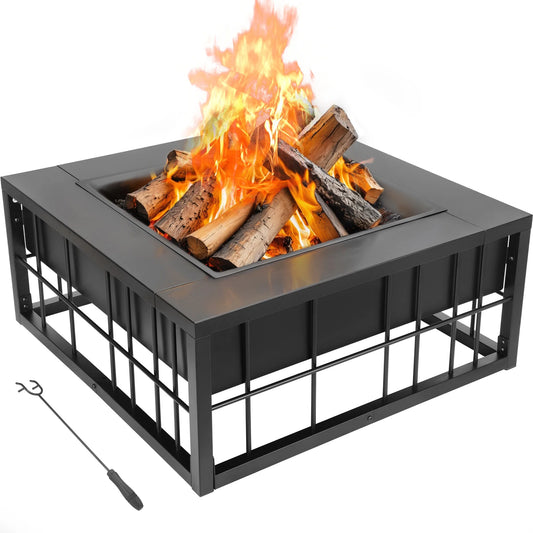 Firepit For Outside, Segmart 32" Outdoor Fire Pit, Wood Burning Metal Square Fire Pit Table With Poker, Log Grate for Camping, Outdoor Heating, Bonfire and Picnic, Black