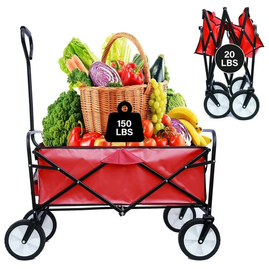 Segmart Folding Wagon Camp Cart, Outdoor Beach Wagon with Adjustable Handle & 2 Mesh Cup Holders, Utility Wagon Perfect for Camping, Beach, 150lbs, Red, S10484
